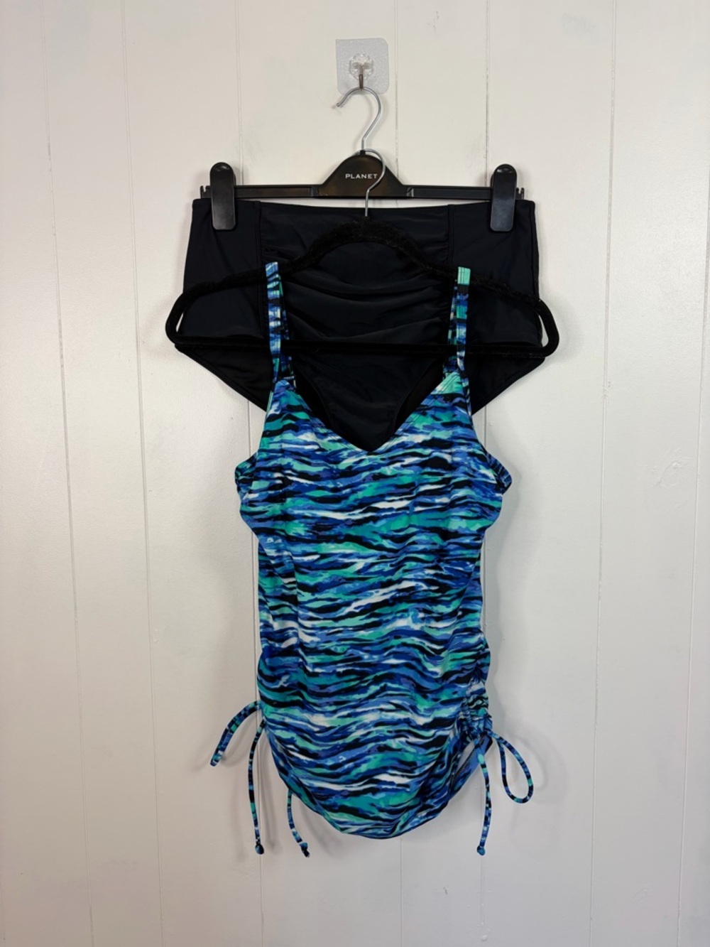 Christina Tankini Blue Swimsuit Top Black High Rise Full Coverage Bottom 10 12